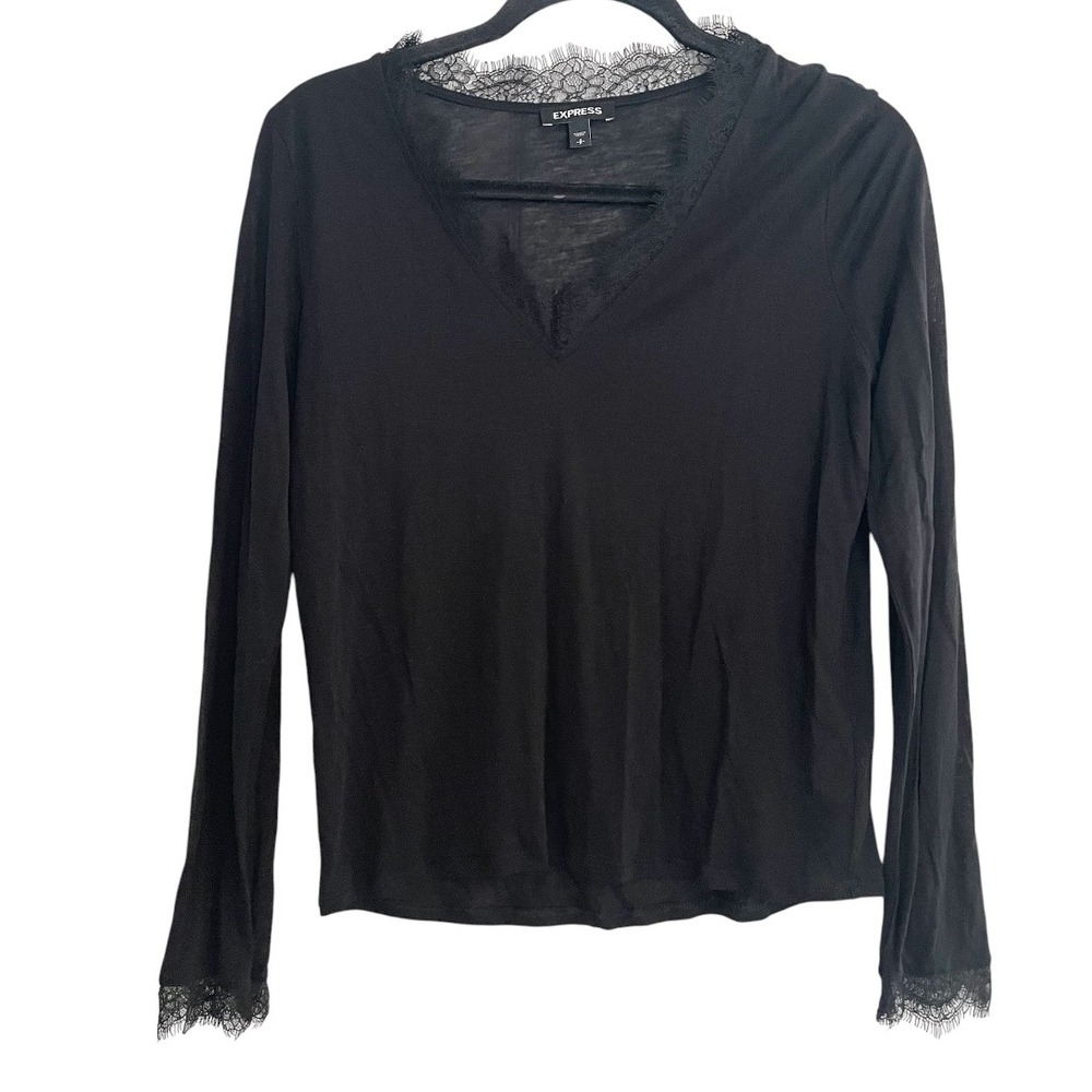 Express‎ Y2K Black Lace Trim Long Sleeve V-Neck Top Blouse Elegant Size S Flirty
